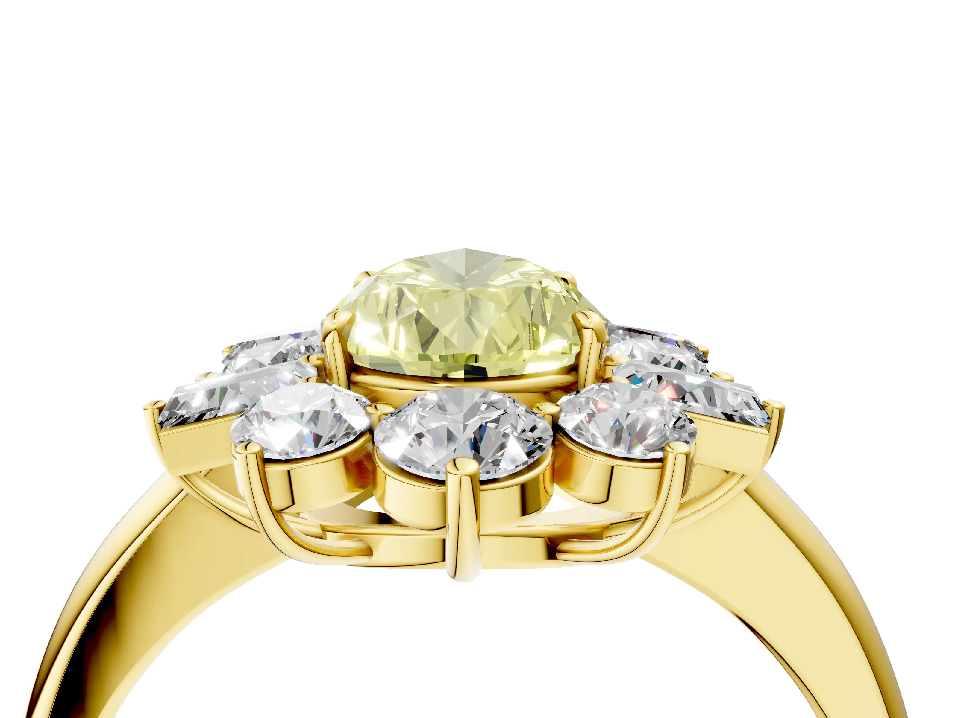 Yellow gold Fancy Yellow Pear Cut Diamond Cluster Ring with Round and Baguette Stones, Split Shank Band, Prong Setting_4
