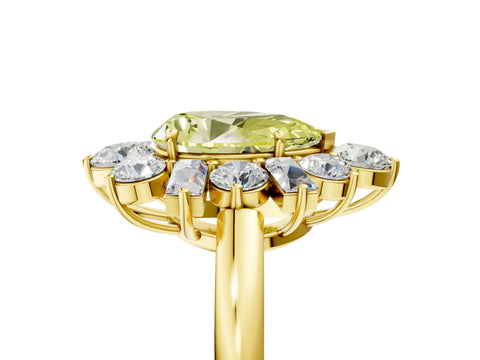 Yellow gold Fancy Yellow Pear Cut Diamond Cluster Ring with Round and Baguette Stones, Split Shank Band, Prong Setting_5