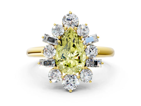 Yellow gold Fancy Yellow Pear Cut Diamond Cluster Ring with Round and Baguette Stones, Split Shank Band, Prong Setting
