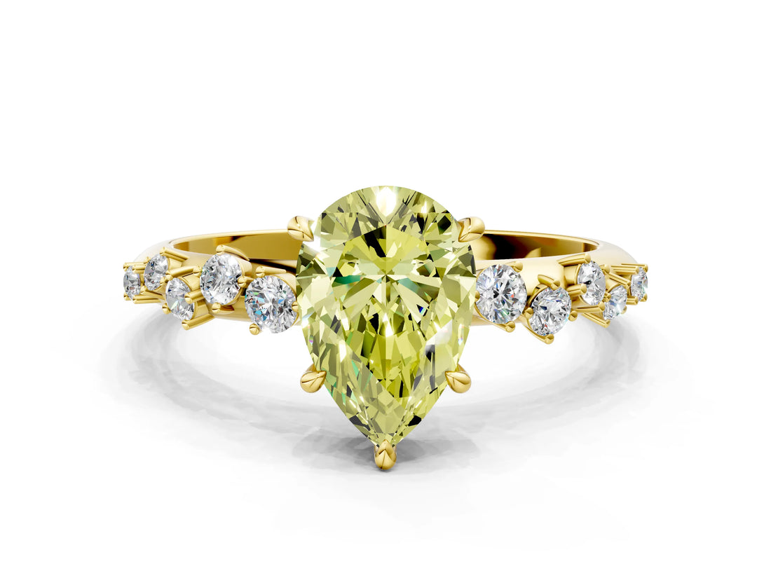 Yellow gold Fancy Yellow Pear Cut Diamond Cluster Side Stone Solitaire Ring with Prong Setting_67