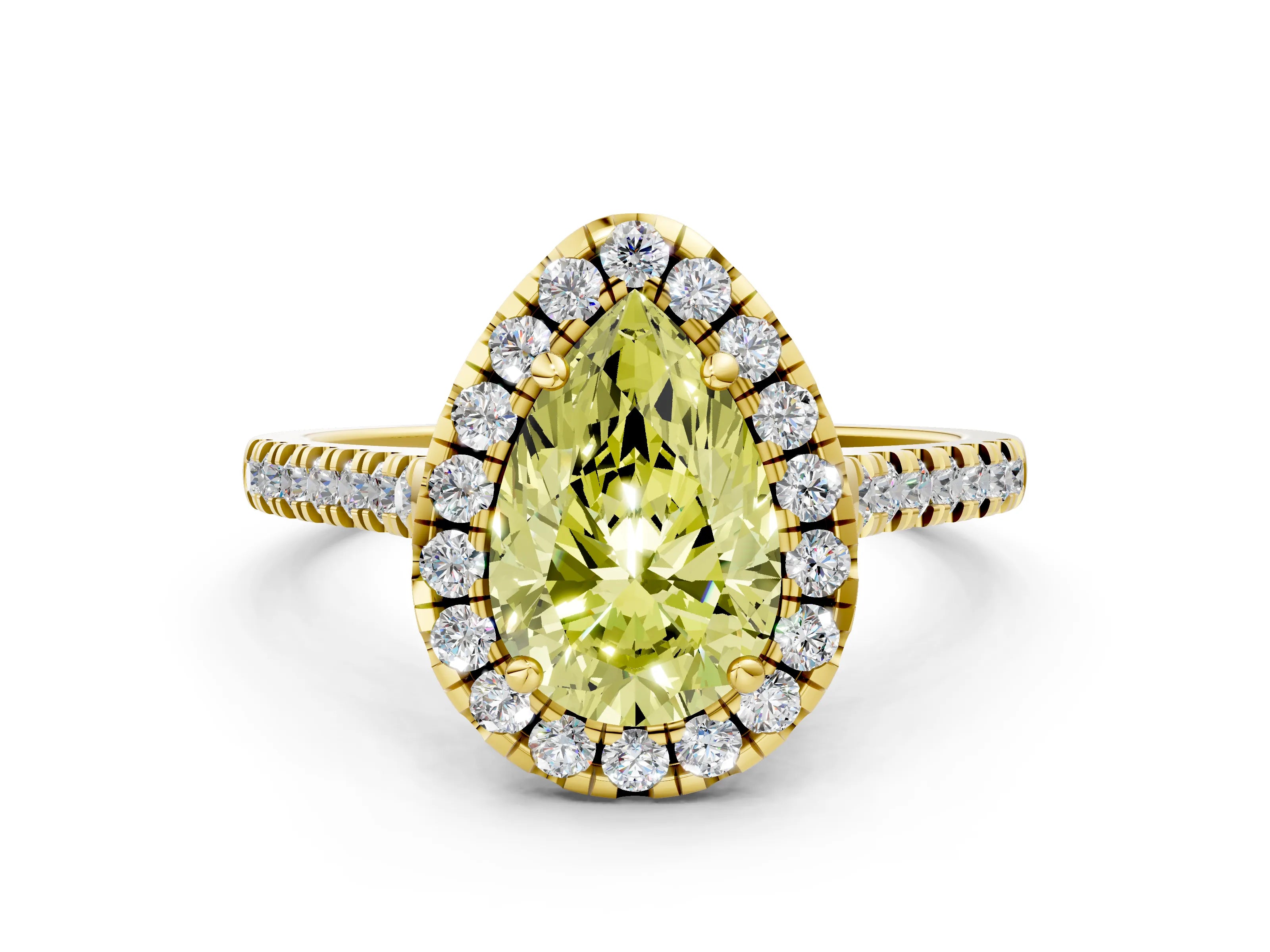 Yellow gold Fancy Yellow Pear Cut Diamond Cushion Halo Ring with Pavé Band
