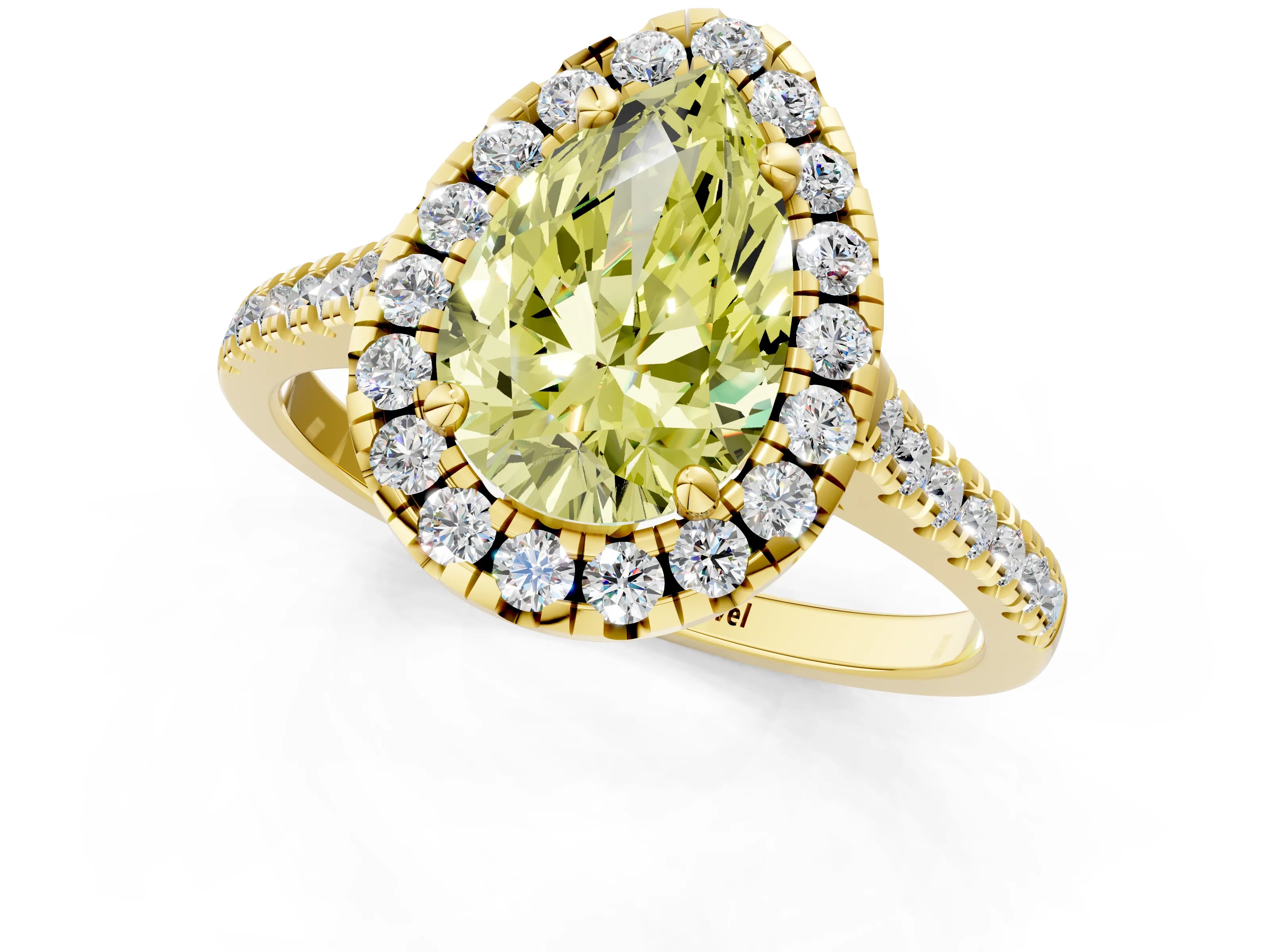 Yellow gold Fancy Yellow Pear Cut Diamond Cushion Halo Ring with Pavé Band_1