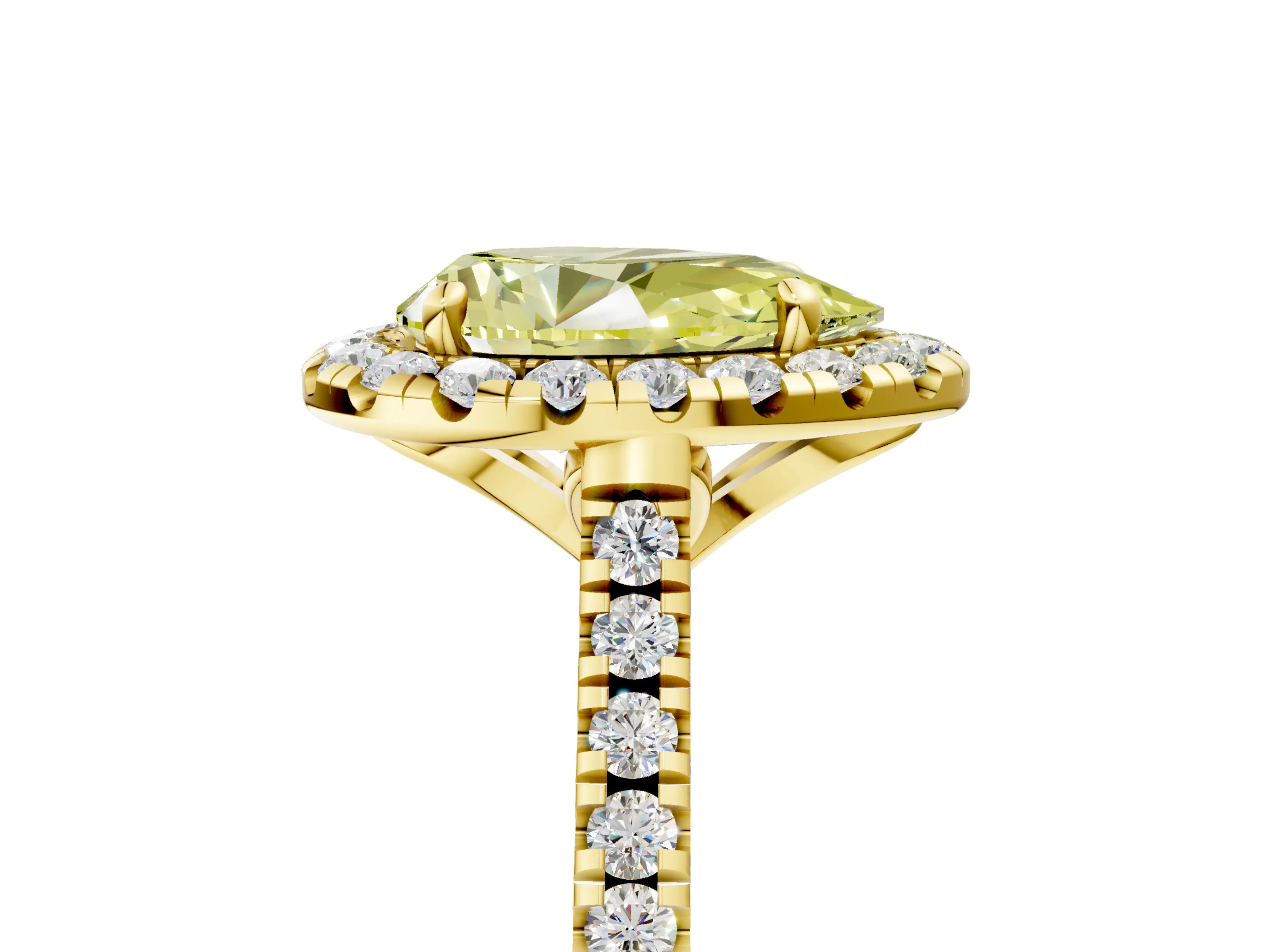 Yellow gold Fancy Yellow Pear Cut Diamond Cushion Halo Ring with Pavé Band_5