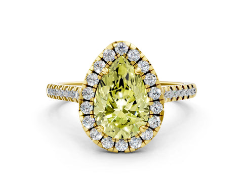 Yellow gold Fancy Yellow Pear Cut Diamond Cushion Halo Ring with Pavé Band
