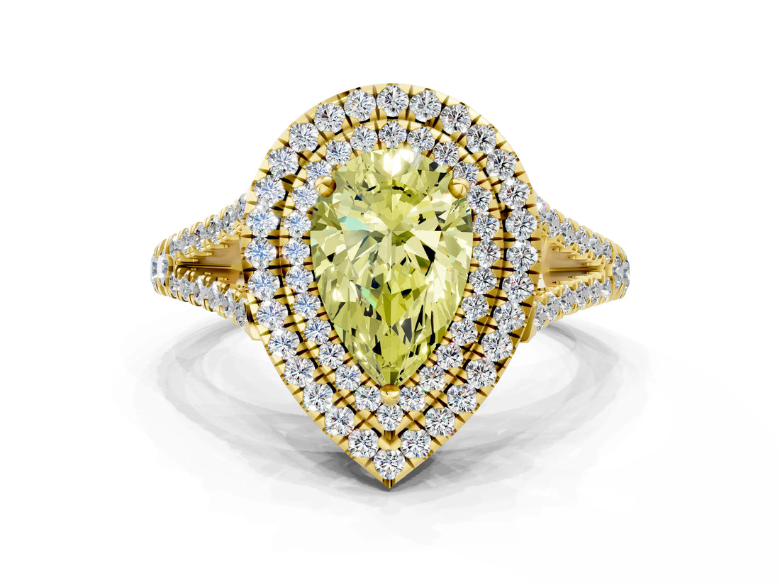 Yellow gold Fancy Yellow Pear Cut Diamond Double Halo Ring with Pavé Band and Prong Setting_72