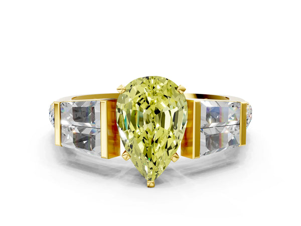 Yellow gold Fancy Yellow Pear Cut Diamond Engagement Ring with Baguette Side Stones and Channel Set Band