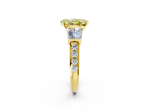 Yellow gold Fancy Yellow Pear Cut Diamond Engagement Ring with Baguette Side Stones and Channel Set Band