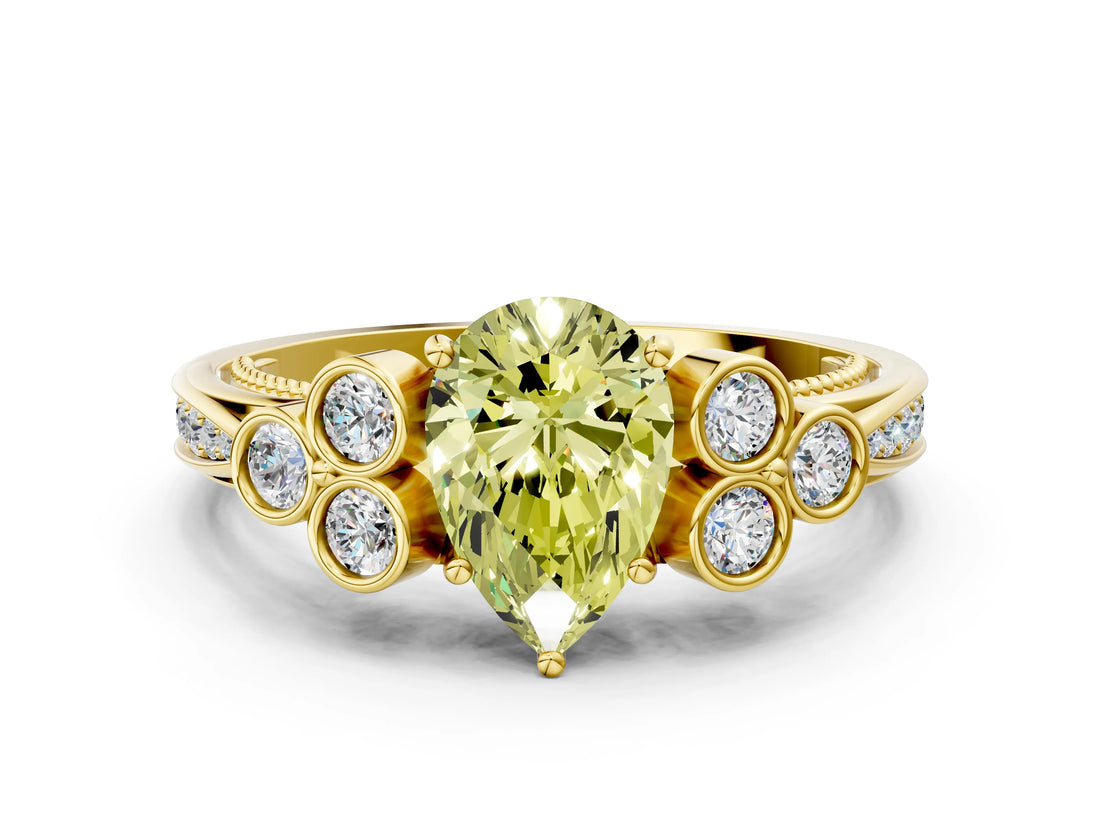 Yellow gold Fancy Yellow Pear  Cut Diamond Engagement Ring with Bezel Set Round Side Stones and Prong Setting_53