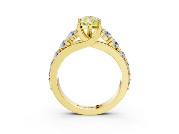 Yellow gold Fancy Yellow Pear Cut Diamond Engagement Ring with Pavé Band and Four-Prong Setting