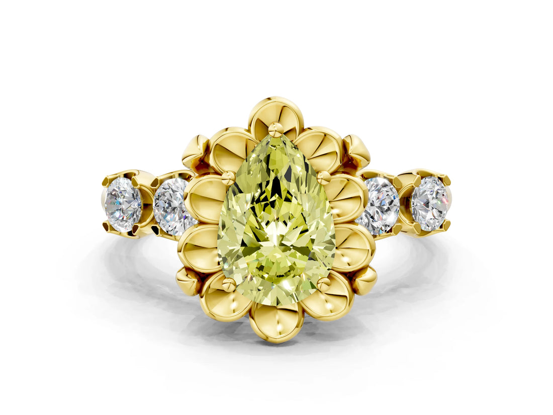 Yellow gold Fancy Yellow Pear  Cut Diamond Floral Halo Engagement Ring with Shared Prong Setting