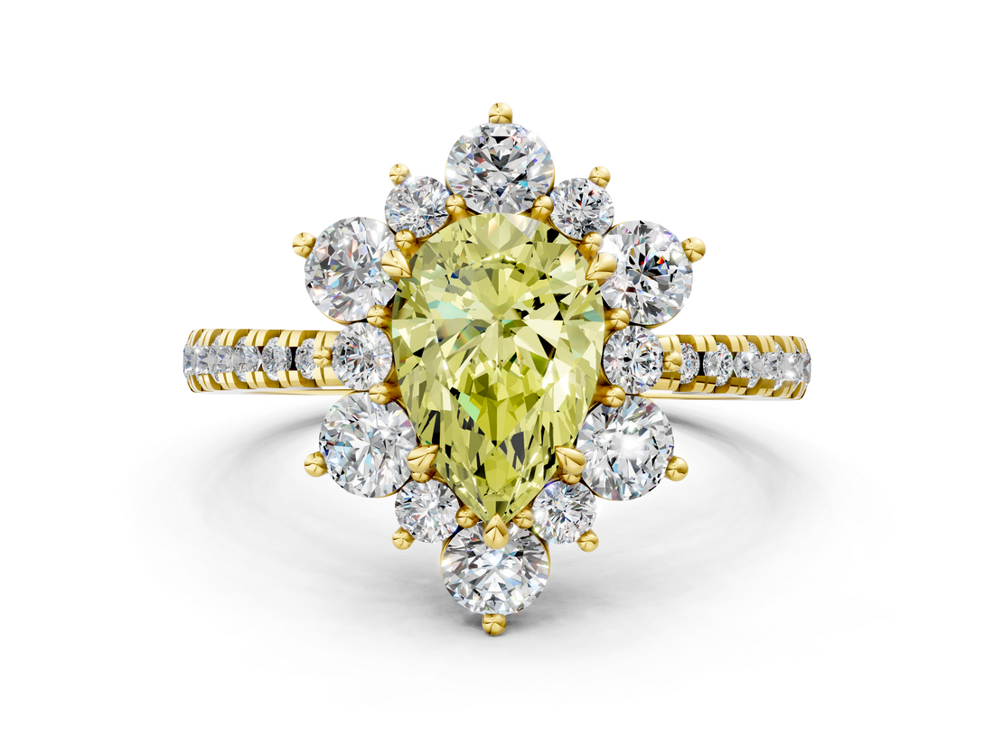 Yellow gold Fancy Yellow Pear  Cut Diamond Floral Halo Pave Band with Prong Setting_37