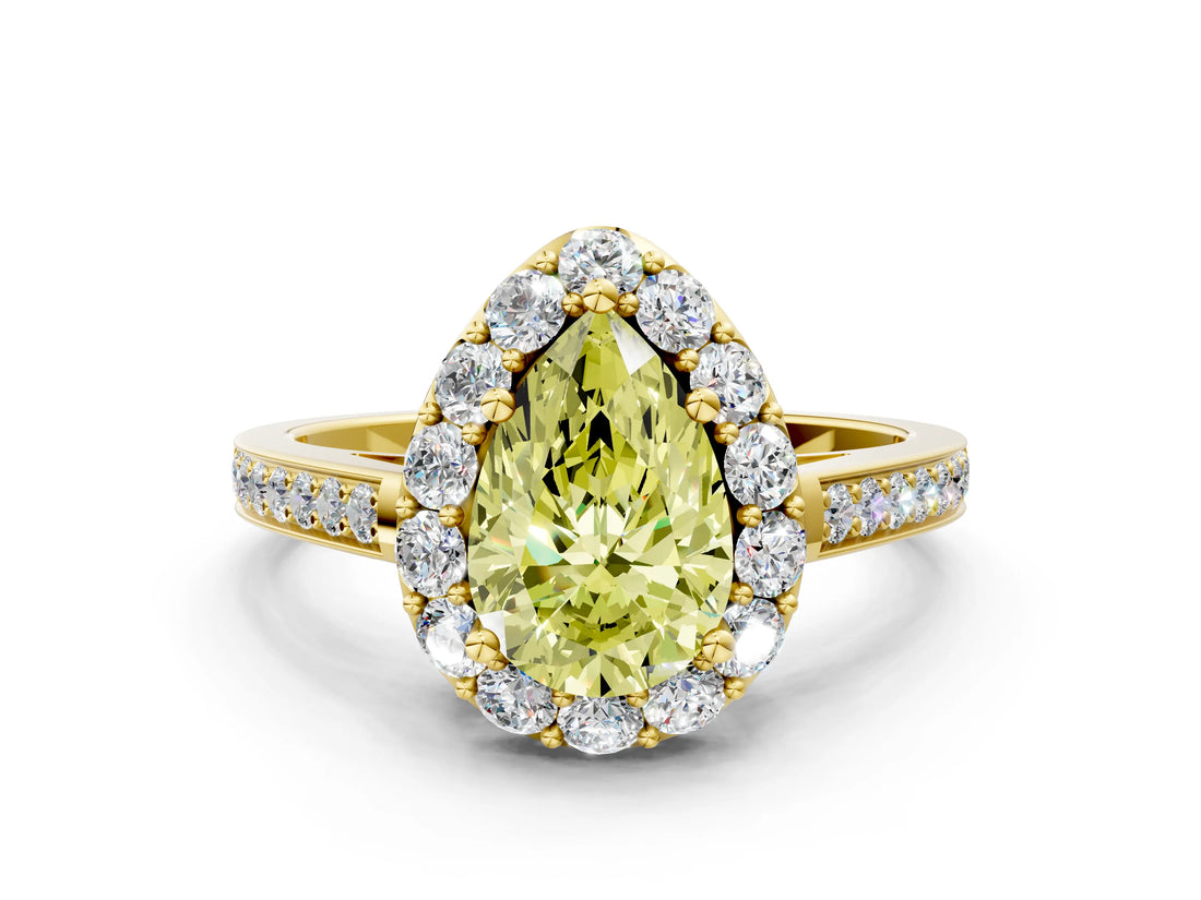 Yellow gold Fancy Yellow Pear Cut Diamond Floral Halo Ring with Pavé Band and Prong Setting_3