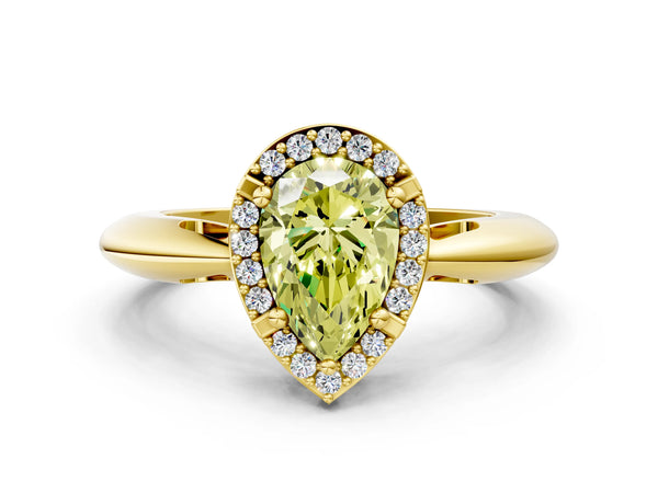 Yellow gold Fancy Yellow Pear  Cut Diamond Halo Engagement Ring with Split Shank and Four-Prong Setting