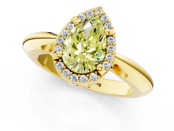 Yellow gold Fancy Yellow Pear  Cut Diamond Halo Engagement Ring with Split Shank and Four-Prong Setting