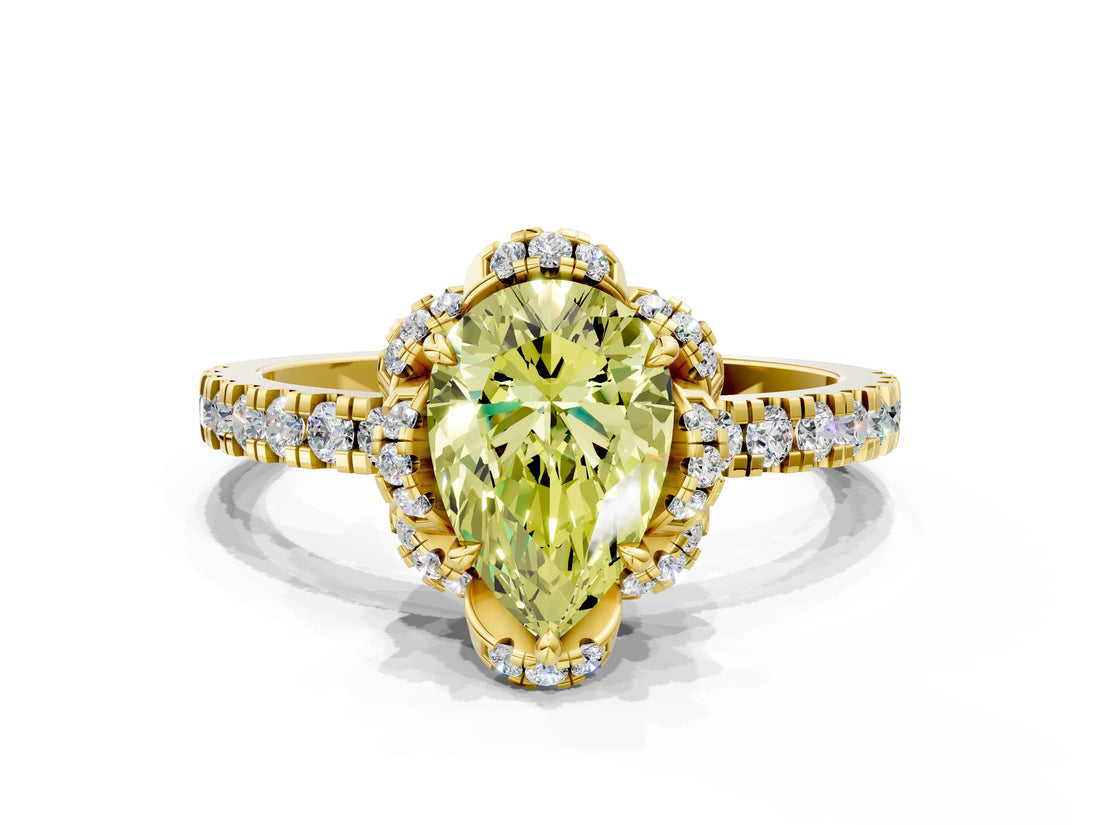 Yellow gold Fancy Yellow Pear Cut Diamond Halo Pave Band with Four-Prong Setting_3