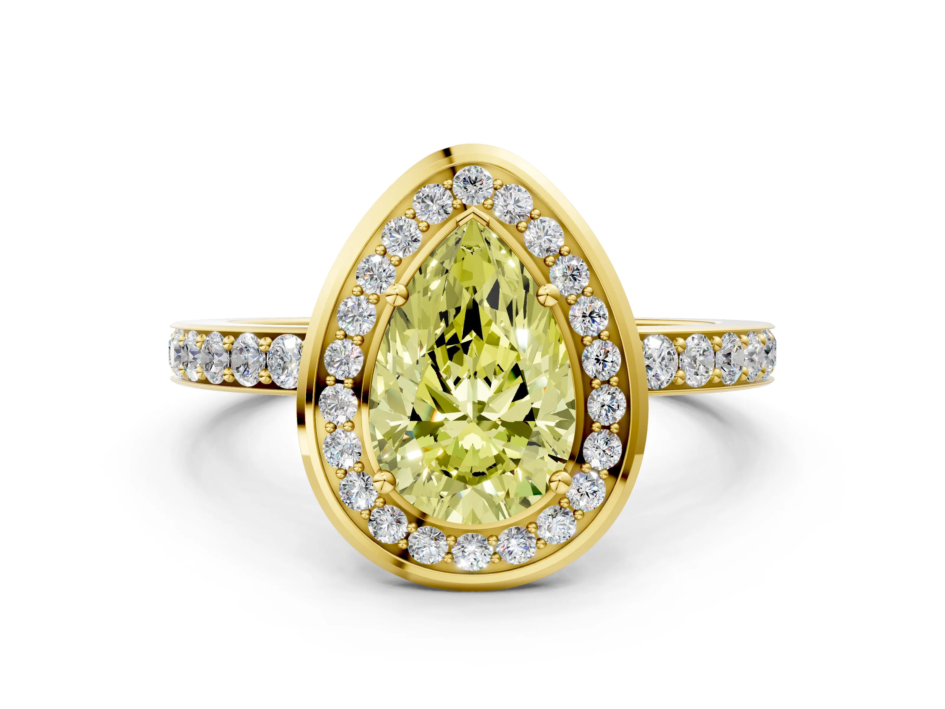 Yellow gold Fancy Yellow Pear Cut Diamond Halo Ring with Bezel Frame and Pavé Band