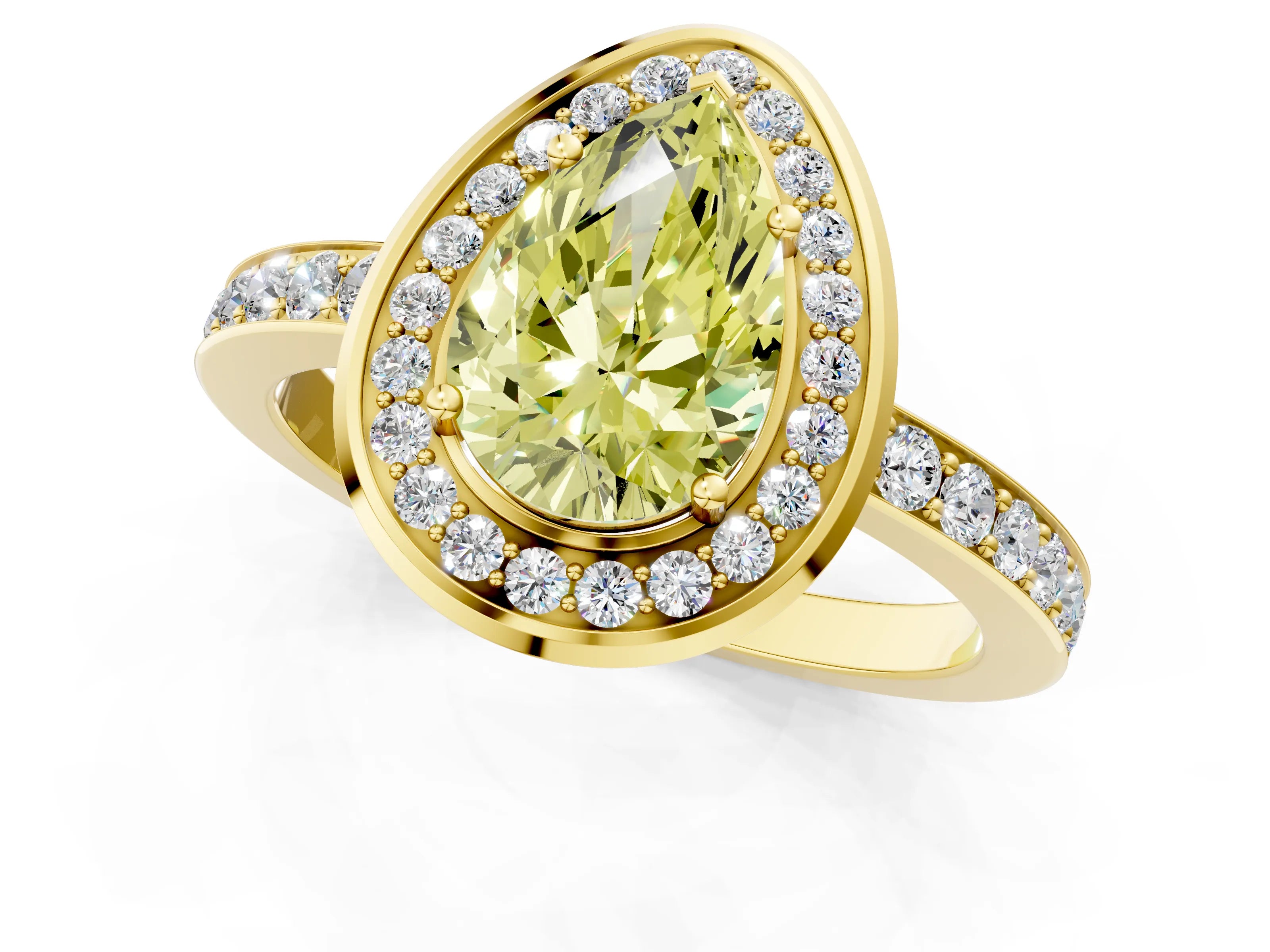 Yellow gold Fancy Yellow Pear Cut Diamond Halo Ring with Bezel Frame and Pavé Band_1
