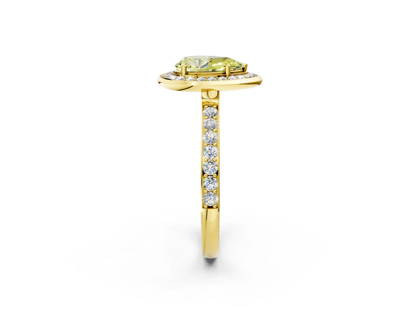 Yellow gold Fancy Yellow Pear Cut Diamond Halo Ring with Bezel Frame and Pavé Band