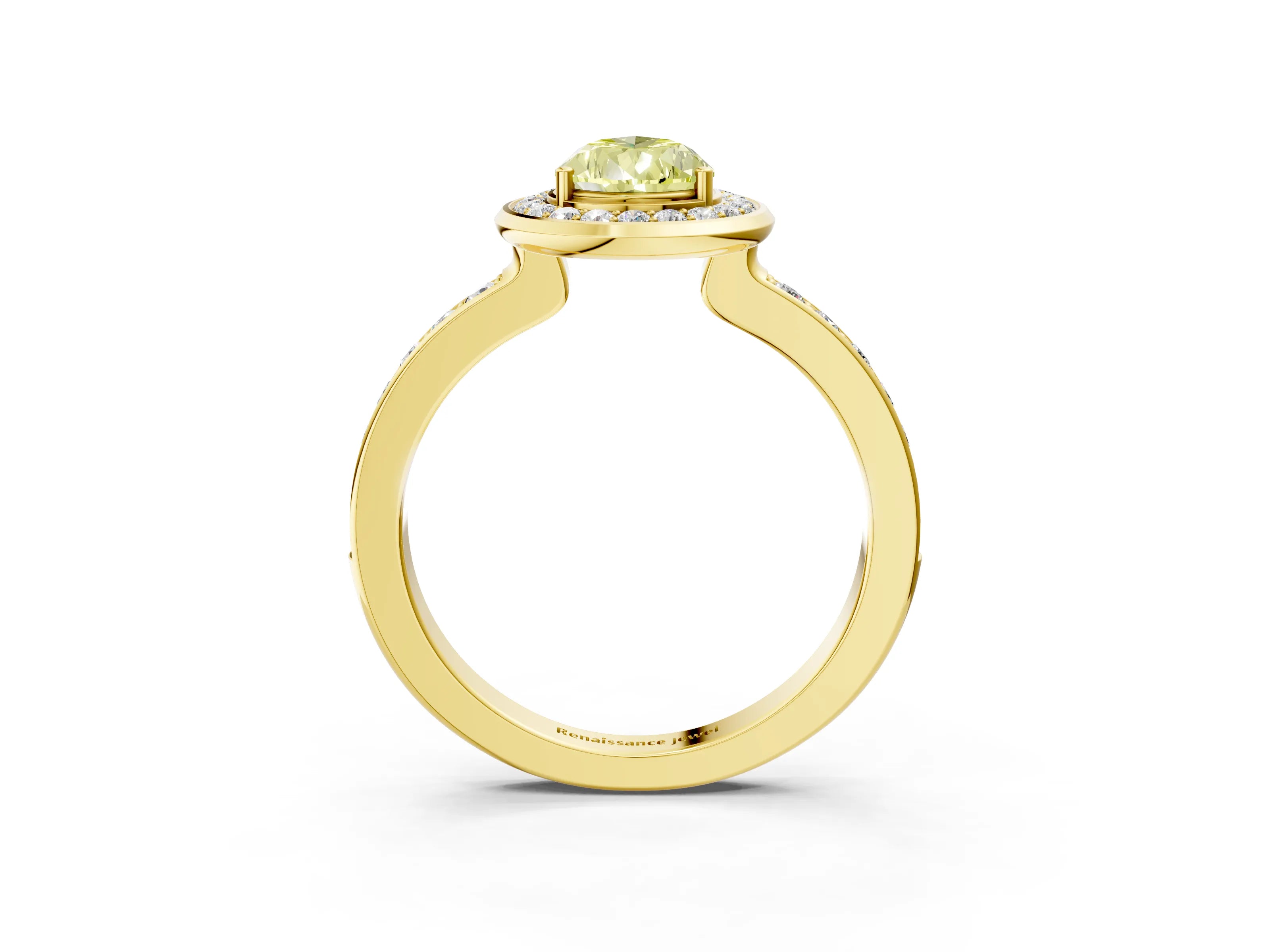 Yellow gold Fancy Yellow Pear Cut Diamond Halo Ring with Bezel Frame and Pavé Band_3