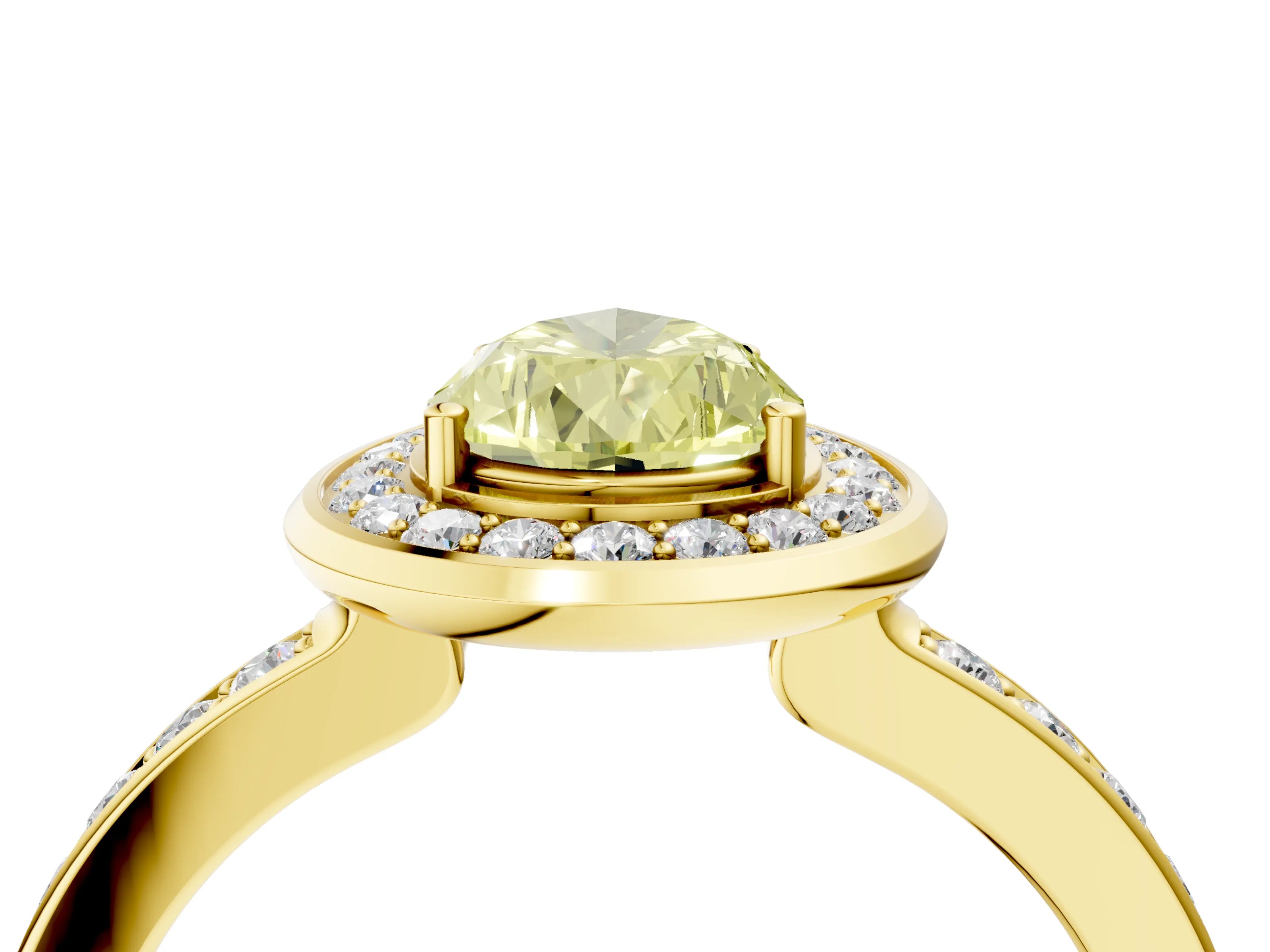 Yellow gold Fancy Yellow Pear Cut Diamond Halo Ring with Bezel Frame and Pavé Band_4