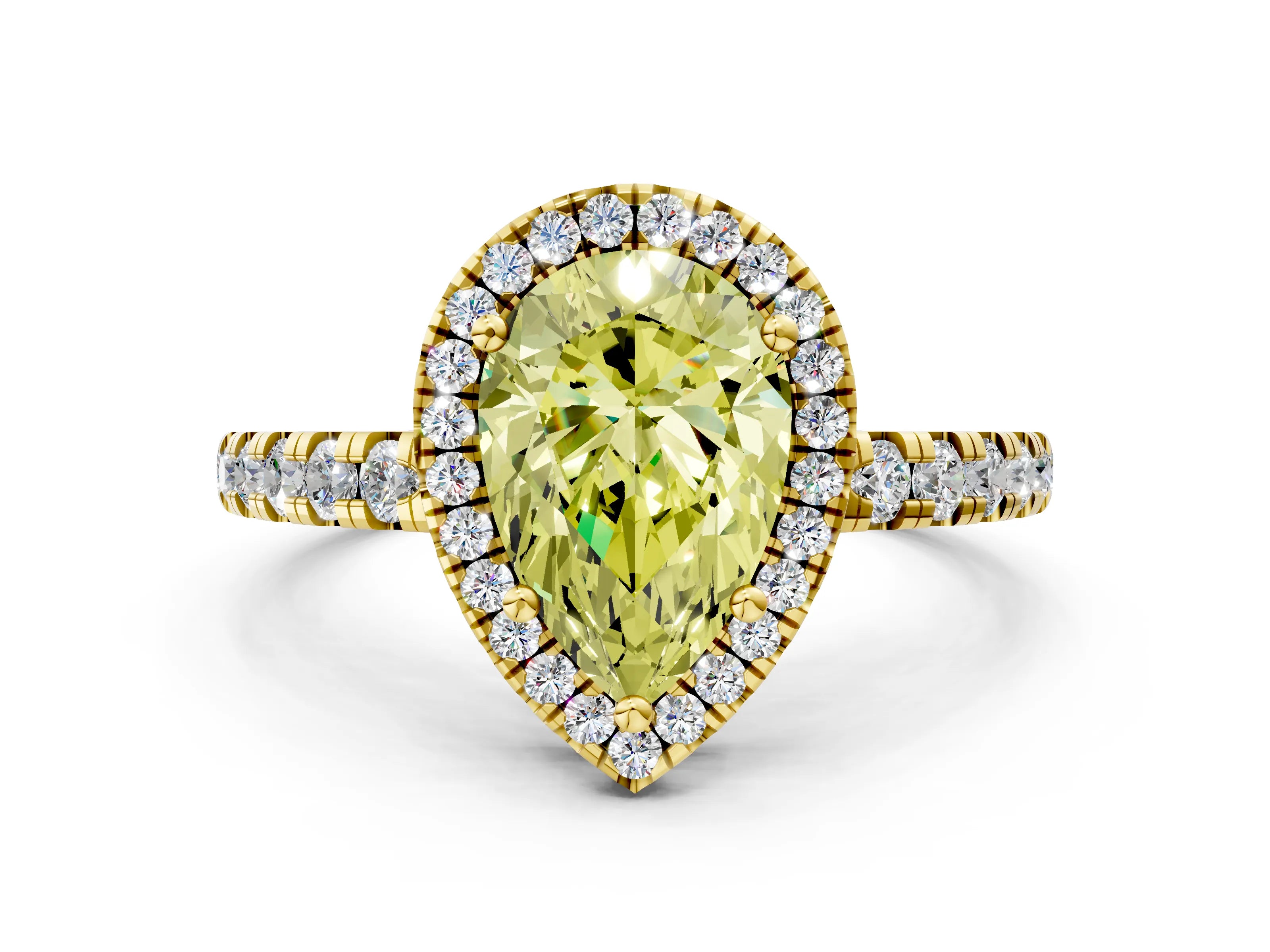 Yellow gold Fancy Yellow Pear Cut Diamond Halo Ring with Pavé Band and Four-Prong Setting