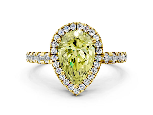 Yellow gold Fancy Yellow Pear Cut Diamond Halo Ring with Pavé Band and Four-Prong Setting
