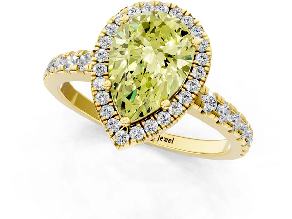 Yellow gold Fancy Yellow Pear Cut Diamond Halo Ring with Pavé Band and Four-Prong Setting