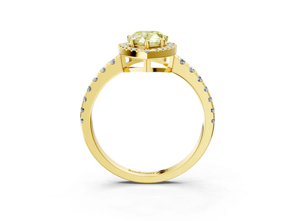 Yellow gold Fancy Yellow Pear Cut Diamond Halo Ring with Pavé Band and Four-Prong Setting