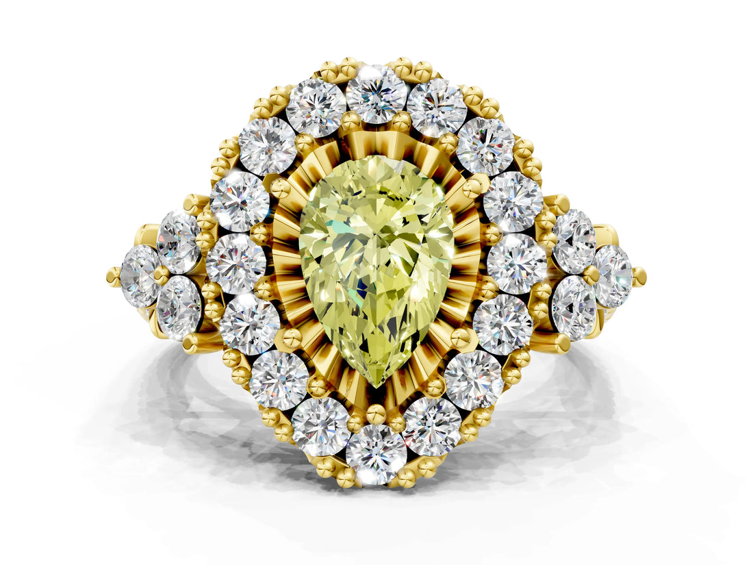Yellow gold Fancy Yellow Pear Cut Diamond Halo Ring with Pavé Band and Four-Prong Setting_67
