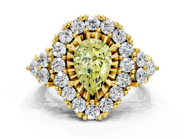 Yellow Gold Pear-Shaped Halo Crossover Pave Engagement Ring Setting for Fancy Yellow Center