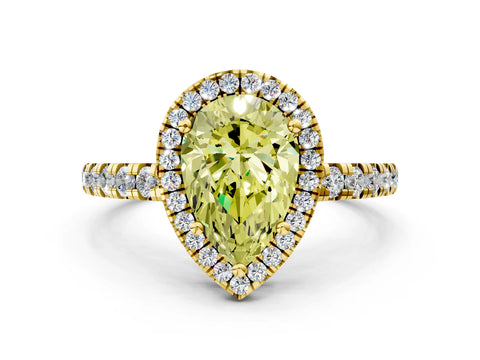 Yellow gold Fancy Yellow Pear Cut Diamond Halo Ring with Pavé Band and Four-Prong Setting