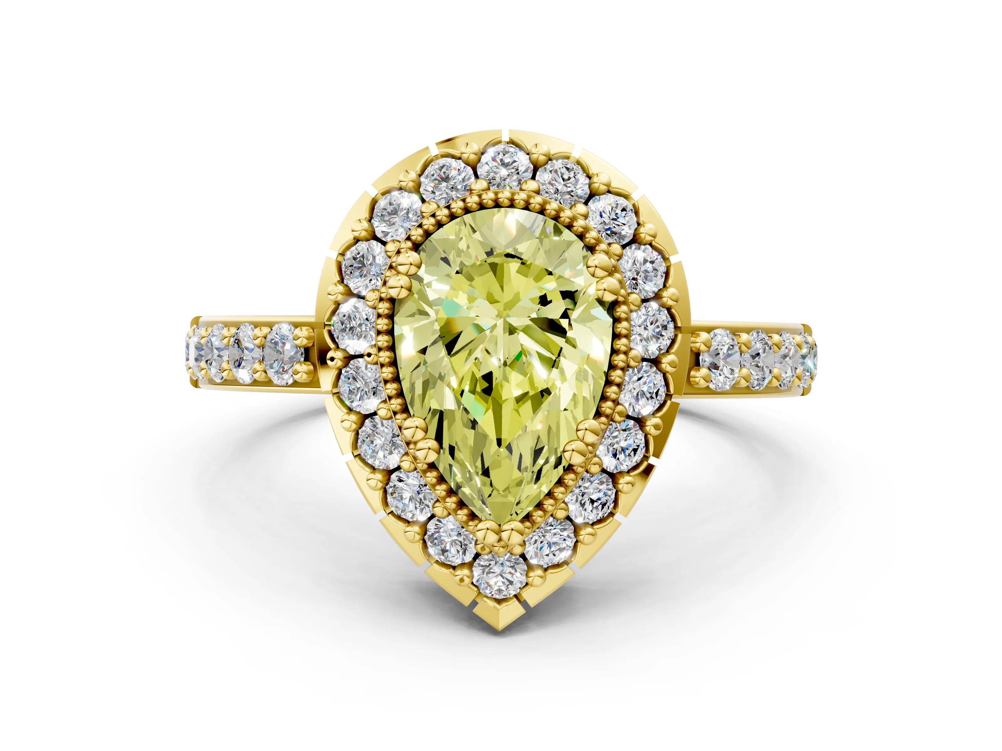 Yellow gold Fancy Yellow Pear Cut Diamond Halo Ring with Pavé Band and Prong Setting