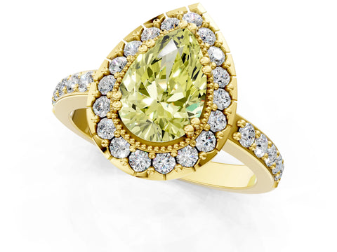 Yellow gold Fancy Yellow Pear Cut Diamond Halo Ring with Pavé Band and Prong Setting_1