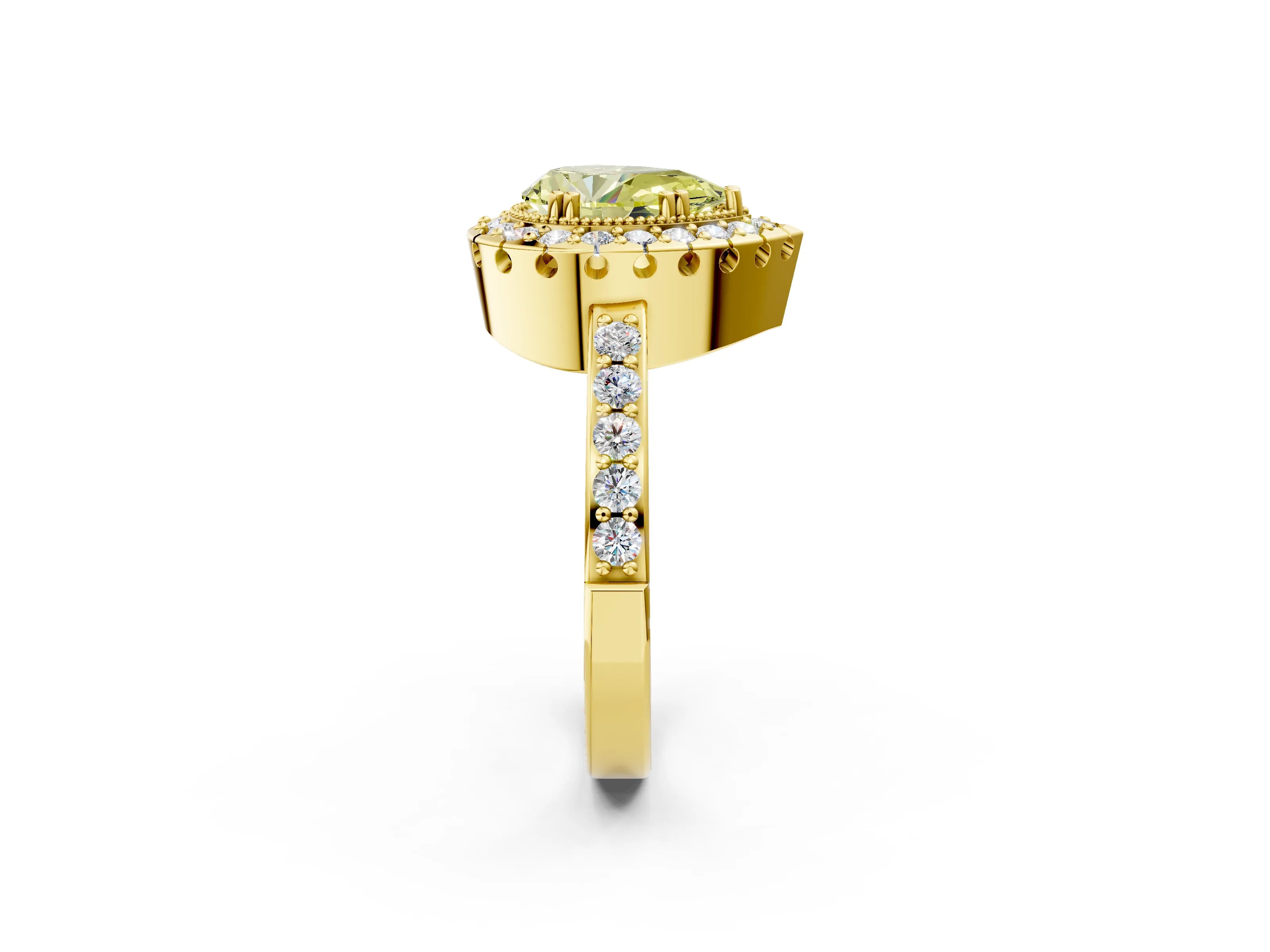 Yellow gold Fancy Yellow Pear Cut Diamond Halo Ring with Pavé Band and Prong Setting_2