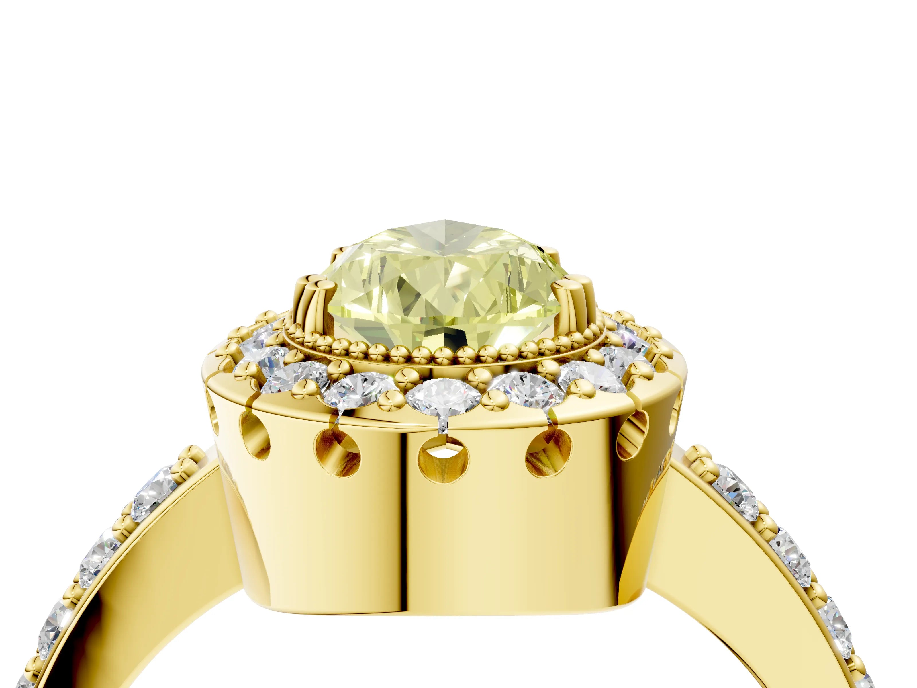 Yellow gold Fancy Yellow Pear Cut Diamond Halo Ring with Pavé Band and Prong Setting_4