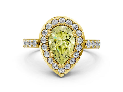Yellow gold Fancy Yellow Pear Cut Diamond Halo Ring with Pavé Band and Prong Setting