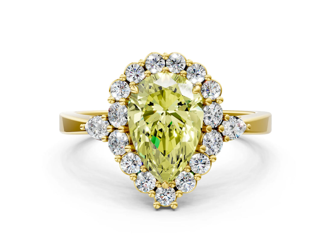 Yellow gold Fancy Yellow Pear Cut Diamond Halo Ring with Pear Side Stones and Prong Setting_63