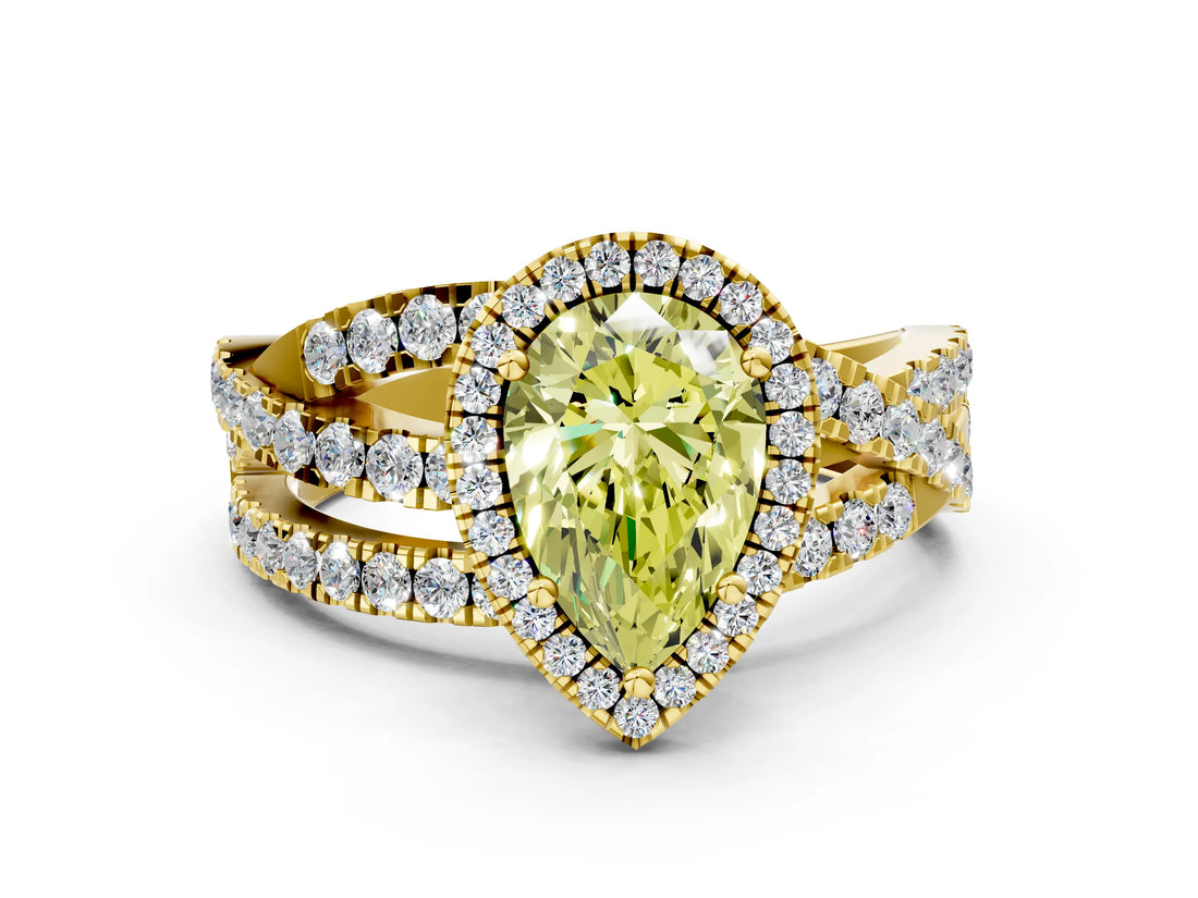 Yellow gold Fancy Yellow Pear Cut Diamond Halo Ring with Round Split Shank and Prong Setting_36