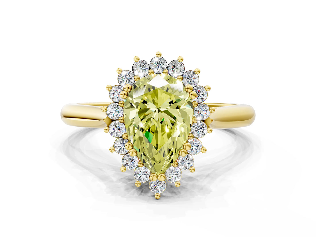 Yellow gold Fancy Yellow Pear  Cut Diamond Halo Ring with Solitaire Band and Prong Setting_53