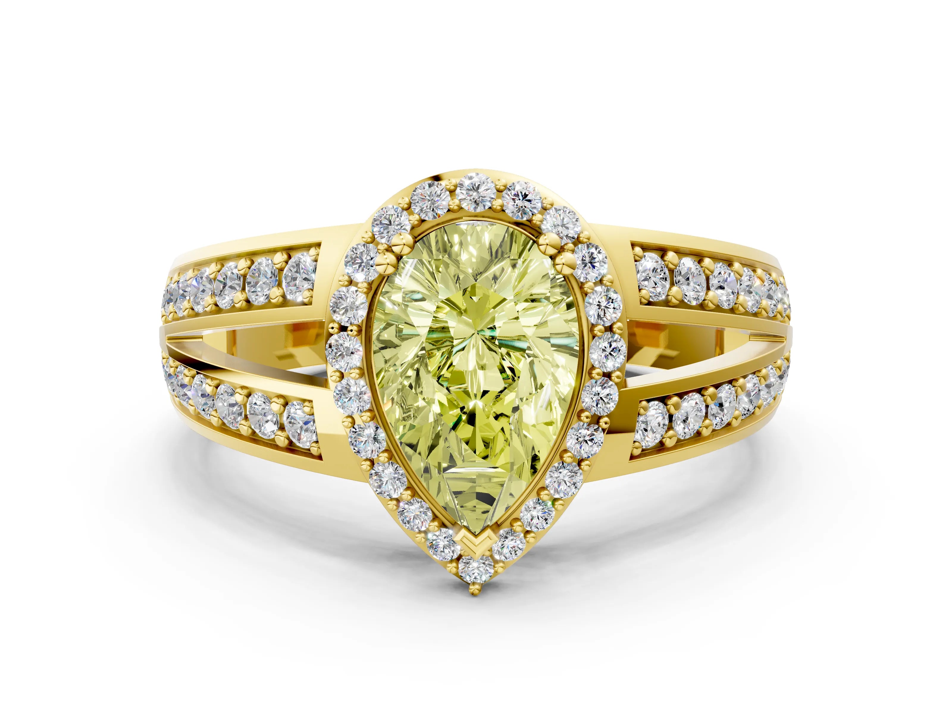 Yellow gold Fancy Yellow Pear Cut Diamond Halo Ring with Split Shank Pavé Band and Four-Prong Setting