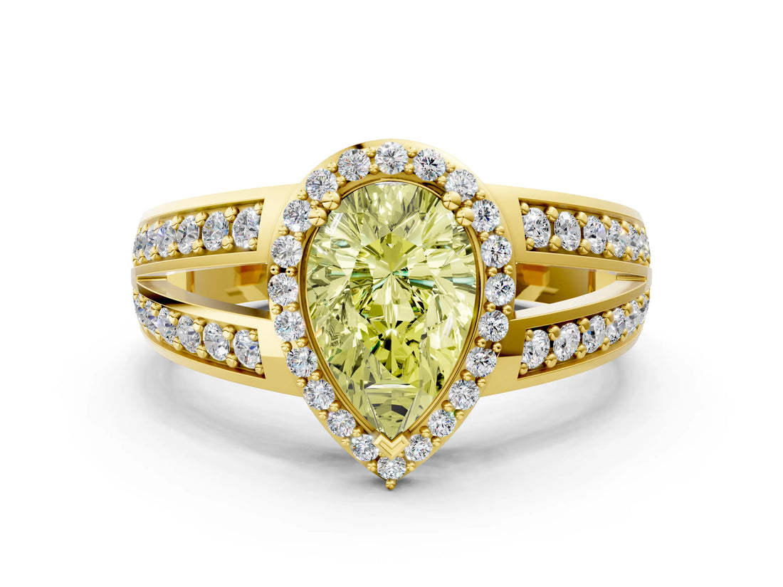 Yellow gold Fancy Yellow Pear Cut Diamond Halo Ring with Split Shank Pavé Band and Four-Prong Setting