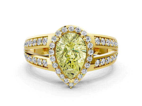 Yellow gold Fancy Yellow Pear Cut Diamond Halo Ring with Split Shank Pavé Band and Four-Prong Setting