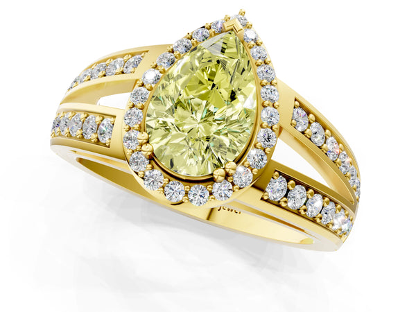 Yellow gold Fancy Yellow Pear Cut Diamond Halo Ring with Split Shank Pavé Band and Four-Prong Setting