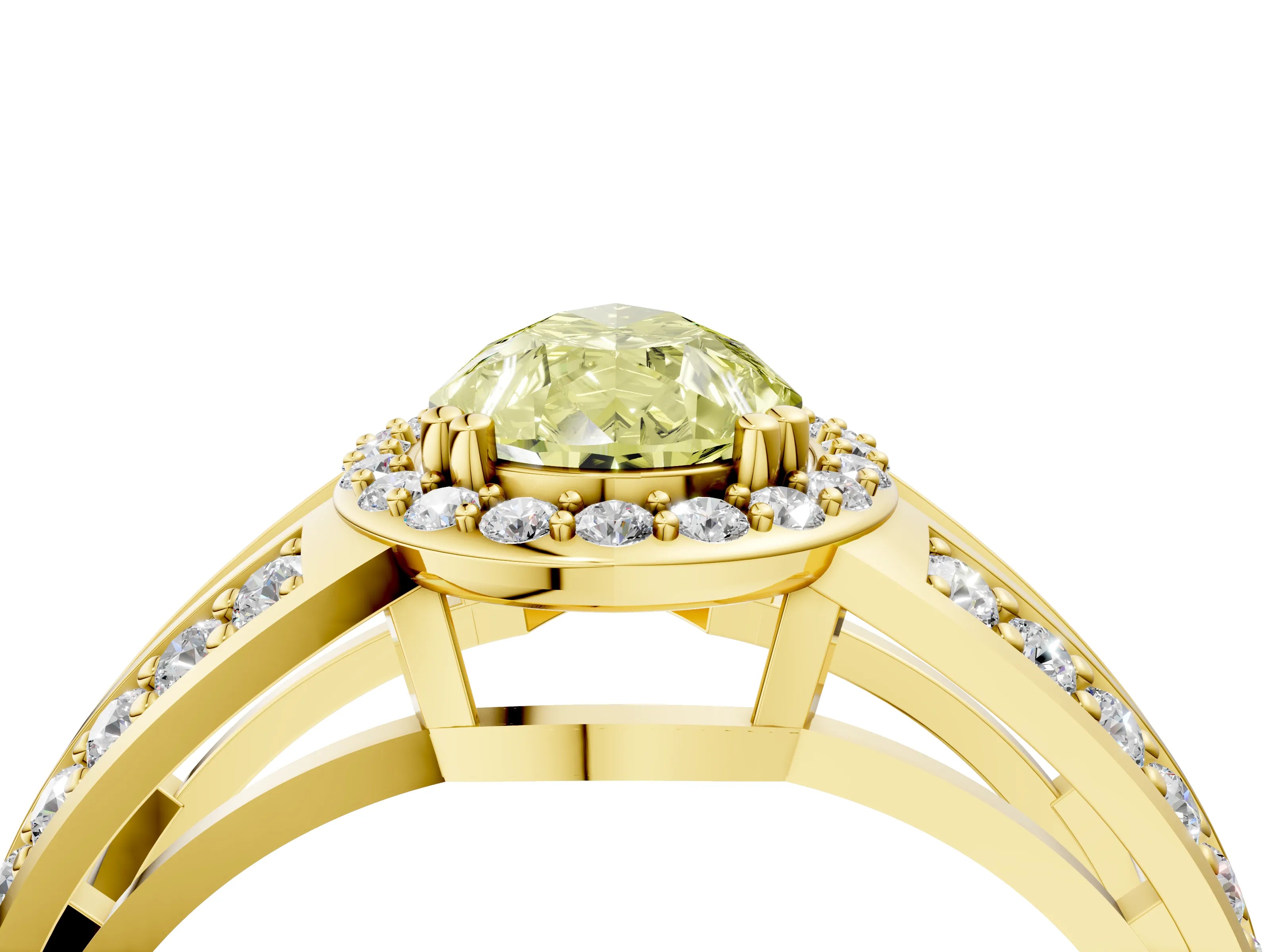 Yellow gold Fancy Yellow Pear Cut Diamond Halo Ring with Split Shank Pavé Band and Four-Prong Setting_4