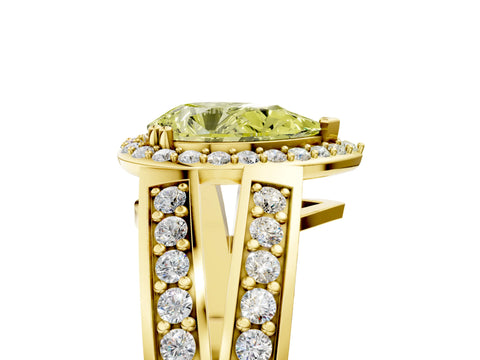 Yellow gold Fancy Yellow Pear Cut Diamond Halo Ring with Split Shank Pavé Band and Four-Prong Setting_5