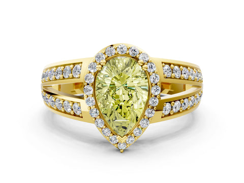 Yellow gold Fancy Yellow Pear Cut Diamond Halo Ring with Split Shank Pavé Band and Four-Prong Setting