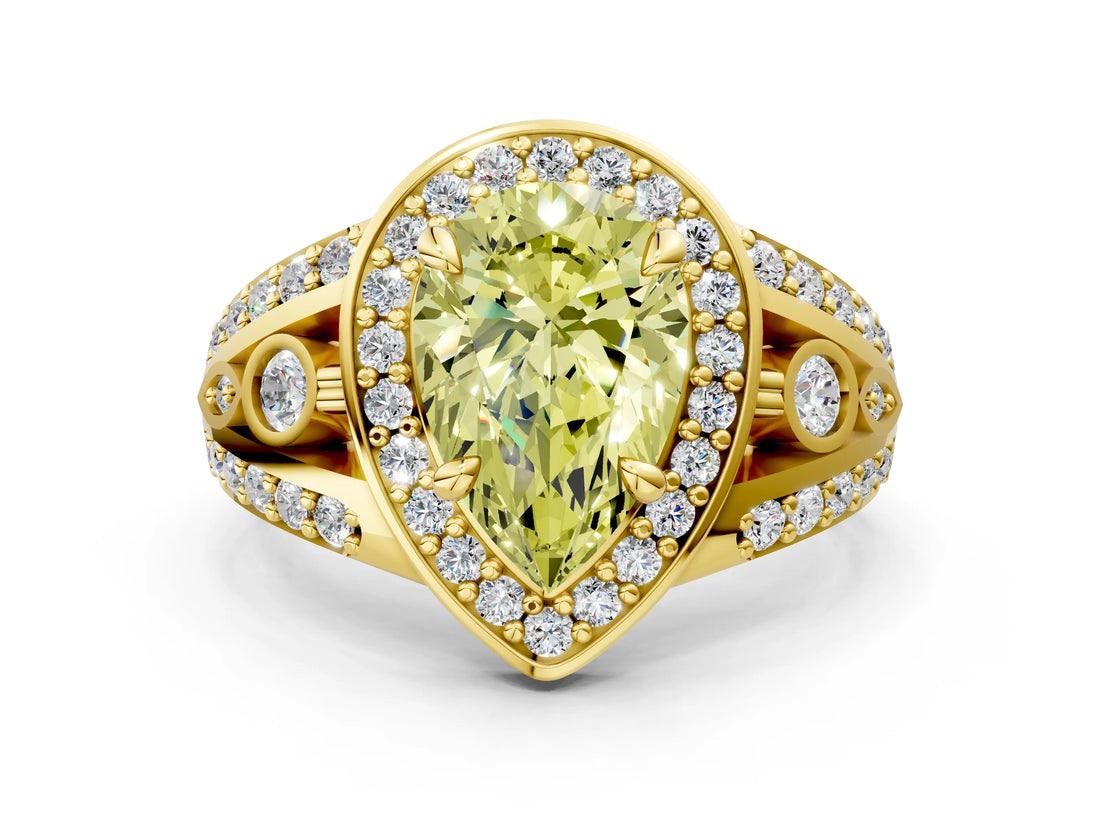 Yellow gold Fancy Yellow Pear Cut Diamond Halo Ring with Split Shank and Bezel Accents and Four-Prong Setting