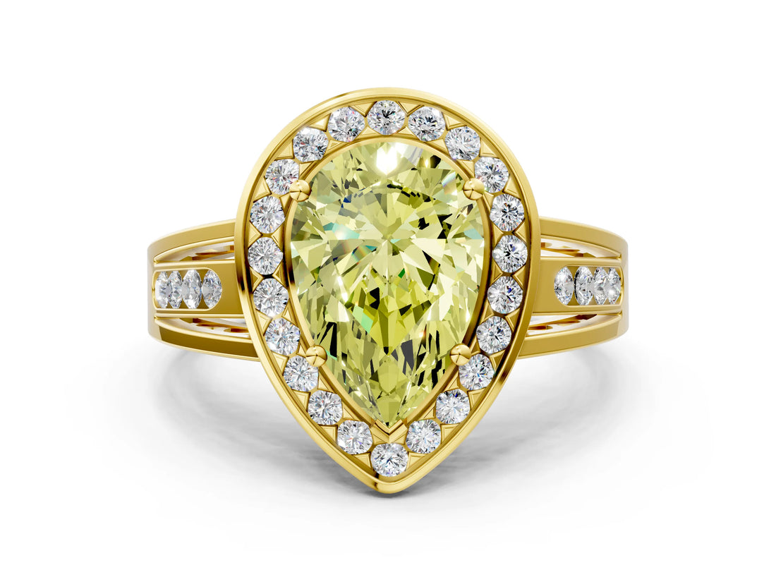 Yellow gold Fancy Yellow Pear Cut Diamond Halo Ring with Split Shank and Bezel Accents and Prong Setting
