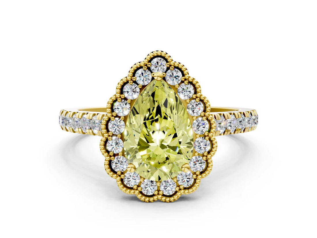 Yellow gold Fancy Yellow Pear  Cut Diamond Milgrain Floral Halo Engagement Ring with Pavé Band_15