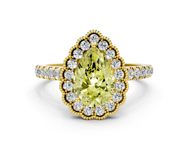 Yellow gold Fancy Yellow Pear  Cut Diamond Milgrain Floral Halo Engagement Ring with Pavé Band